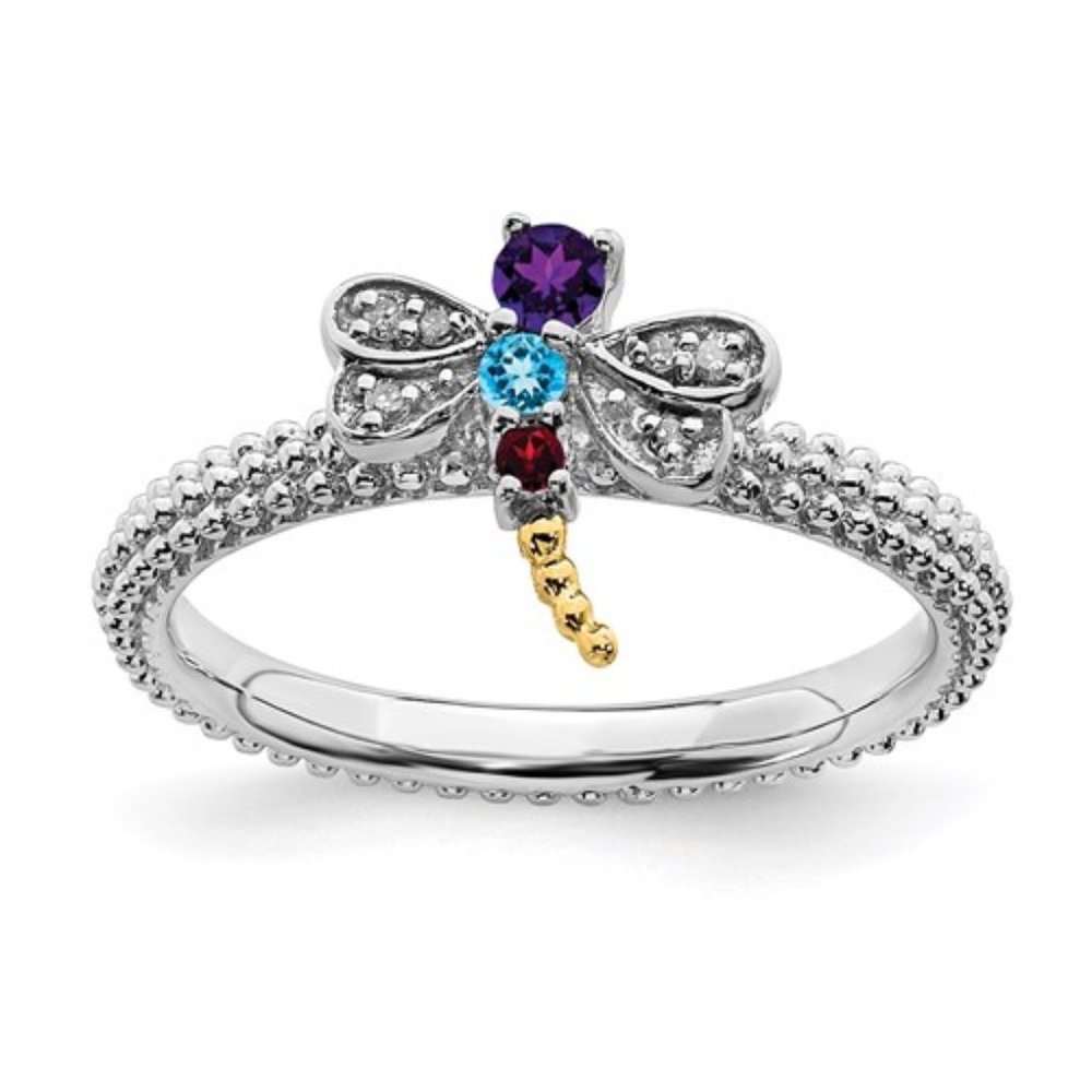 Sterling Silver and 14k Gemstone Dragonfly Ring